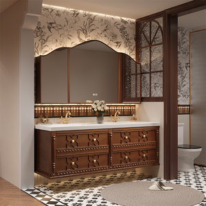 Ensemble de meubles de salle de bain en bois de chêne de style médiéval, résistant à l'eau, avec <span class=keywords><strong>double</strong></span> <span class=keywords><strong>vasque</strong></span>, meuble-lavabo pour hall, hôtel, luxe haut de gamme - Product Image 5