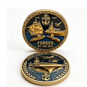 Pièce commémorative USN plaquée or, bronze frappé à l'outil, design circulaire patriotique, forgé par The Sea, honneur, courage, engagement - Product Image 3