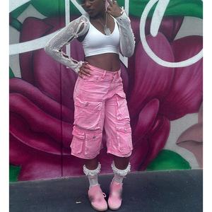 2024 Y2k Streetwear Shorts para mujer Vintage Washed Jeans Cargo tres cuartos <span class=keywords><strong>Carmen</strong></span> Pink Stretch Cargo Denim Jorts Pantalones Mujer - Product Image 1