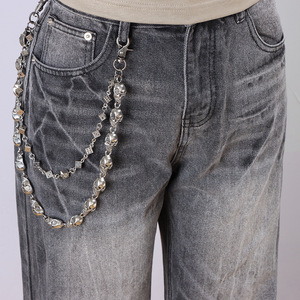 Yueli Double Layer <b>Skull</b> Dice Metal Double <b>Ring</b> Tibetan Silver Waist Chain Hip Hop Punk Style Jeans Charm Casual Wear - Product Image 2