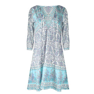 Mini <span class=keywords><strong>vestido</strong></span> bohemio con estampado floral <span class=keywords><strong>azul</strong></span>, cuello en V, manga 3/4, vestidos <span class=keywords><strong>para</strong></span> mujer, nueva temporada, estilo holgado de verano, vestidos de <span class=keywords><strong>playa</strong></span> bohemios EBAH002 - Product Image 3