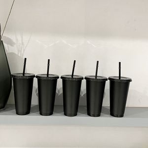 16oz 24oz Reusable Cold Iced <b>Drinking</b> Tumblers Black <b>Plastic</b> Cups with Lids and <b>Straws</b> - Product Image 1