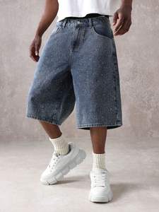 تصميم مخصص مبعثر حجر الراين فضفاض الدنيم Jorts المتعثرة تنحنح ضوء غسل الرجال الجينز السراويل كبيرة الحجم جوهرة الماس الجينز السراويل - Product Image 3