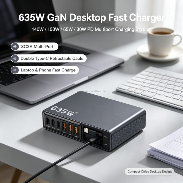 Best Selling 140w 100W 65w 30W PD Multiport 3C3A With Double Type C Retractable Cable 635W GaN Desktop Fast Charger for Laptop