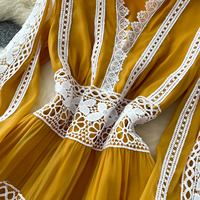 Robe longue décontractée pour femmes, élégante, jaune, avec empiècements en dentelle, coupe trapèze, manches longues, pour tous les jours et les vacances
