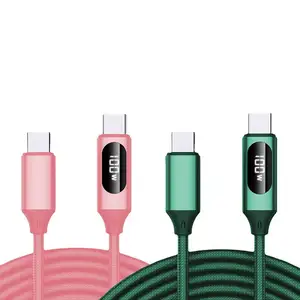 Kabel USB C ke USB C, 100W 1.2M Led Digital Tipe C 20V/5A pengisian daya Super cepat kabel kepang nilon dengan MacBook Pro