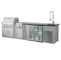 LUOQI Îlot de cuisine extérieur moderne en acier inoxydable avec barbecue à gaz 6 brûleurs, évier pliable GPL, réfrigérateur à boissons en fer, couleur argent
