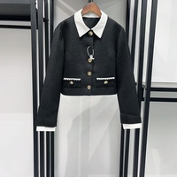 OUDINA Nouvel ensemble deux pièces élégant pour femme : Blazer court en tweed à boutonnage simple et pantalon contrastant