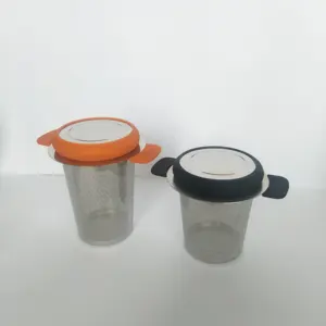 Laser Logo Silicon Double Handle Stainless Steel Tea Filter Loose Leaf Tea Infuser With Drip Tray