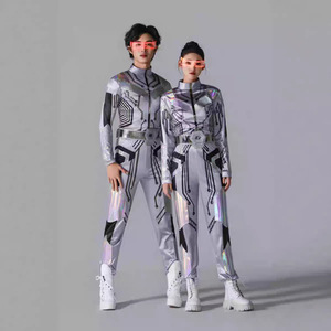 Combinaison unisexe argentée irisée Cyberpunk pour enfants, ensemble de costume de scène futuriste à imprimé circuit, pour fête robotique et technologique - Product Image 1