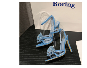 2025 New One-line Rhinestone Rose Flower French Temperament Sexy High-heeled Shoes <b>Sandals</b> - Product Image 6