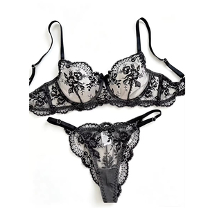 Completo Set Lingerie Donna <span class=keywords><strong>Trasparente</strong></span> Ricamato Floreale in <span class=keywords><strong>Tulle</strong></span> con Pizzo Scavato e Dettagli Floreali Tinta Unita - Hot Sale - Product Image 4
