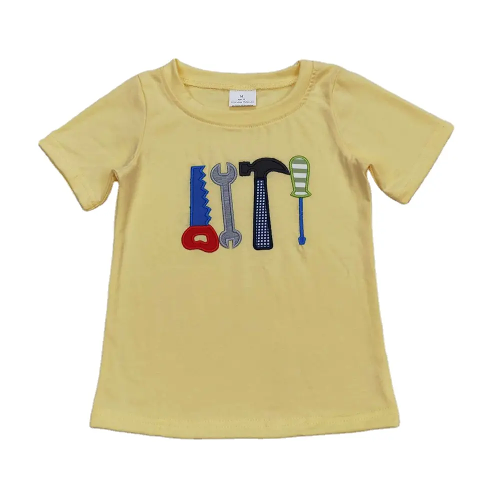 RTS 아기 소년 노란색 반소매 티셔츠 키즈 부티크 도구 면 자수 도매 라운드 넥 키즈 티셔츠 탑