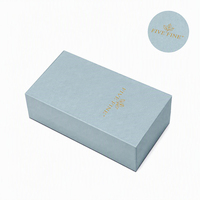 Boîte à parfum de luxe en papier rigide bleu à texture spéciale, avec finition douce rose et blanche, et insert en daim.