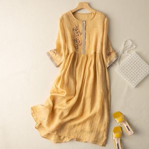 Casual <b>Dress</b> Mid Length Cotton Linen O Neck <b>Elastic</b> Waist Embroidery Vintage Daily Wear Breathable Splicing Design - Product Image 4