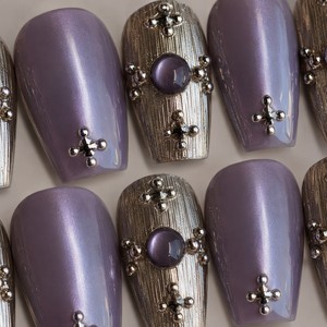 Faux ongles en acrylique à pression avec strass violets, couvrance totale, longueur moyenne, avec colle pour doigts - Product Image 5