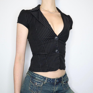 Chemise de costume rayée à manches courtes, col en V profond, boutonnée, chemise asymétrique courte pour le bureau - Product Image 5