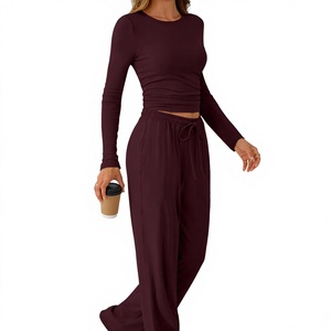 Women's 2 Piece <b>Set</b> Long Sleeve Crop Top With Wide Leg Pants Solid Color Knitted Casual Loungewear Full Length O-Neck Tracksuits - Product Image 3