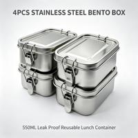 Lot de 4 boîtes bento rectangulaires en acier inoxydable avec verrou, capacité 550 ml, étanches, réutilisables, faciles à nettoyer, pour adultes