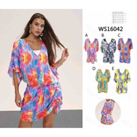 HDJ Robe de plage en mousseline imprimée à col en V et manches chauve-souris, mini-robe grande taille M L XL, motifs A B C D E