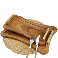 Plateau de service vintage en bois d'acacia de luxe léger avec poignée en métal, plateau en bois massif antiseptique pour le petit-déjeuner, les desserts et les collations