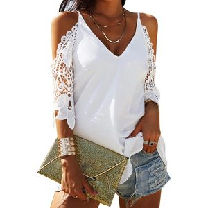 <b>Women's</b> V Neck <b>Cold</b> <b>Shoulder</b> <b>Top</b> Spaghetti Strap Lace Crochet Short Sleeve Breathable Regular Length 100% Polyester - Product Image 1