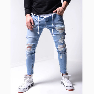 Pantalones Vaqueros Ajustados de Mezclilla Desgastada Azul con Cierre de Cremallera en el Tobillo y Raya Lateral Blanca para <span class=keywords><strong>Hombre</strong></span>, de Alta Calidad al por Mayor - Product Image 2