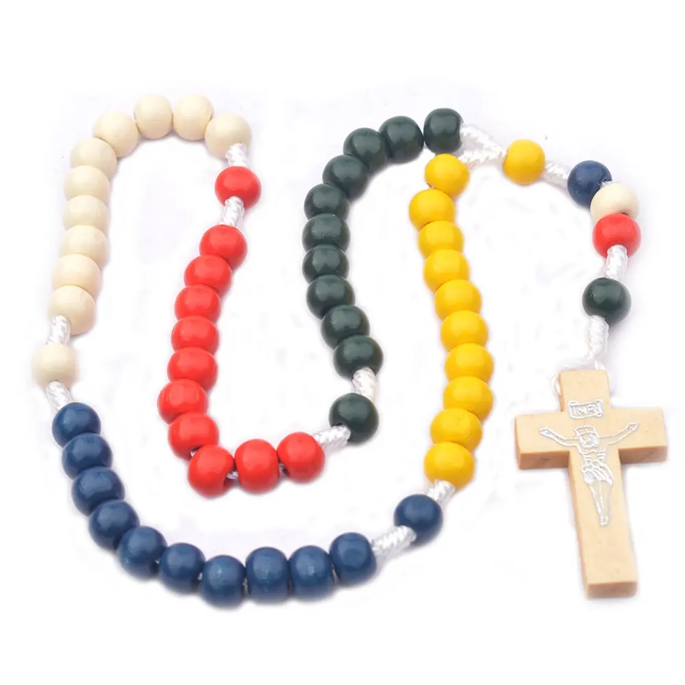 cheap five colors wooden beads missionary rosary rope knotted catholic Corded rosary Environmentally