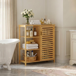 Bathroom Floor Cabinet, Bamboo Storage Cabinet with <strong>Door</strong> and 3 Open Shelves, Freestanding Side Kitchen <strong>Cupboard</strong> Organizer - Product Image 5