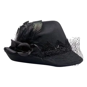 Women Flower Decor Bowler Fedora Hat With Veil Floppy Brim Felt Church Party Cap Vintage 1920s Elegant Fascinator Hat Small