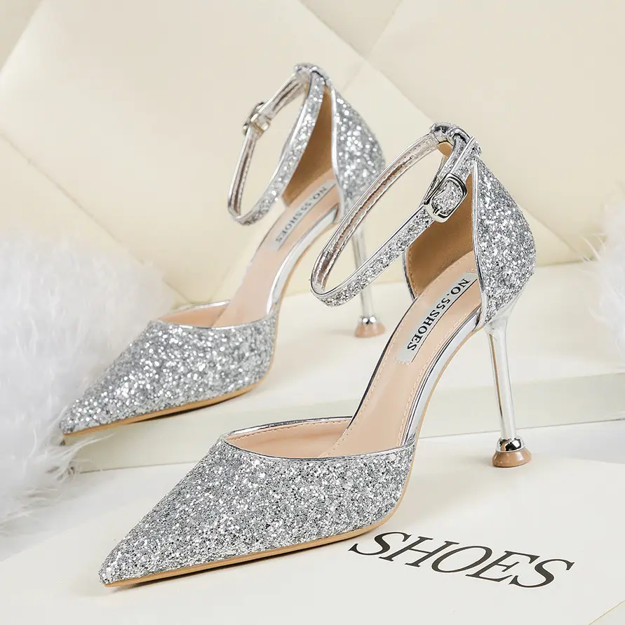 Wedding bridal dress formal ladies high heel shoes women sandals pointed head shine rhinestone luxury fashion stiletto heels