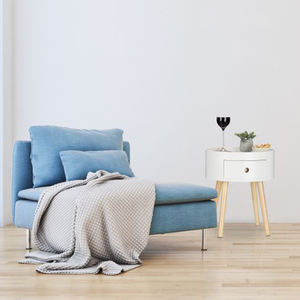 Tavolino da Caffè Rotondo in Legno Bianco con Cassetto e Gambe in Pino - Product Image 3