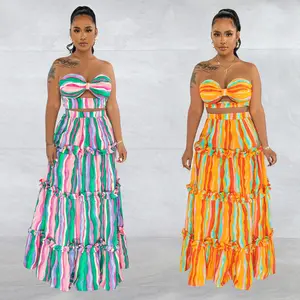 GX6646 Fashion 2023 Summer Women Clothing Boutique Street Wear Tube Top and Maxi Cake Skirt 2 Piece Set