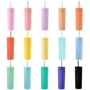 Eco-friendly 15 Colorful Skinny Tall Tumbler 500ml Double Wall Acrylic Plastic Cup With Straw And Lid