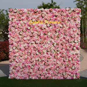 F-FW0075 40*60cm 8f*8f Hanging Wedding Party Background Panels Decor Pink Silk Rose Artificial Flower Wall Art 5d Flower Wall