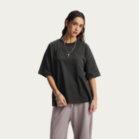 T-shirt en coton épais uni 275g, coupe ample, ourlet brut, col rond, streetwear décontracté, manches courtes, haut d'été