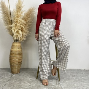 6674# Summer Fast Fashion 2 Piece Set Satin <b>Printed</b> Pant Sets With Buttons Long Cardigan Loose Women Pants for Muslim Women - Product Image 2