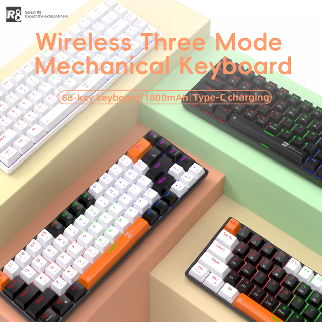 R8-K302 68-keys Three-mode Gaming Computer BT Wireless RGB Mechanical Keyboard
