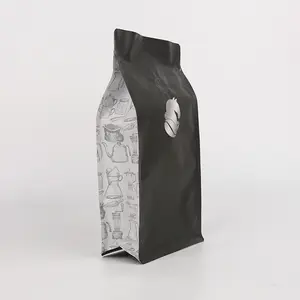 Bolsa de café de fondo plano con válvula y logotipo, papel de aluminio con cremallera cuadrada, impresión mate, venta al por mayor