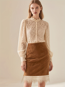 Women's Caramel Suede-Like <b>Knitted</b> Pencil Skirt Moisture-Wicking Vintage Knee-Length Effortless Chic Autumn - Product Image 3