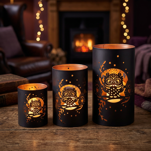 Sonnet Decor <b>Black</b> <b>Lantern</b> Iron Handmade Digital Printing 1 Color Die Cut Owl Design Heat Resistant Christmas Candle Holders - Product Image 1