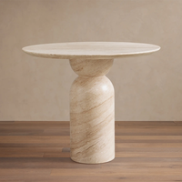 Table à manger ronde en marbre brut DH, base en travertin courbée artisanale, table en pierre massif pour maison contemporaine