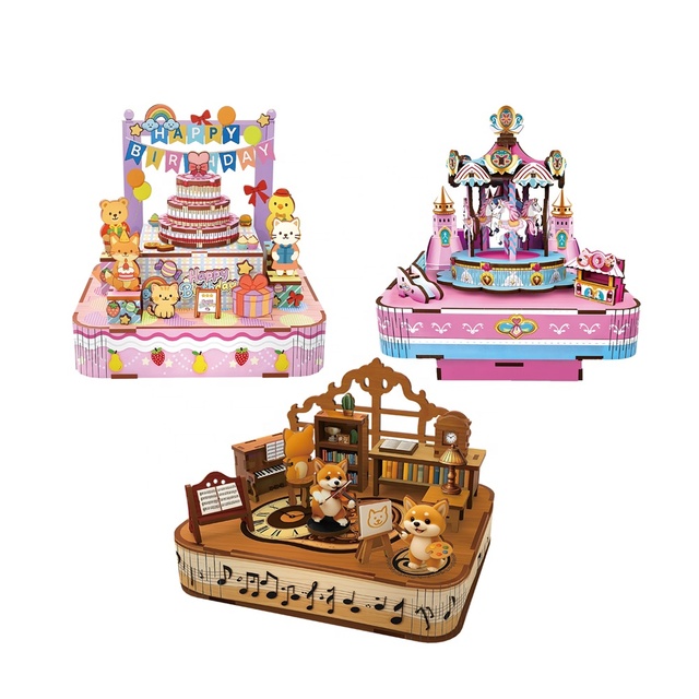 Wooden Music Box 3D Puzzle Toy Kids Educational DIY Rotating Music Box Puzzle Model Building Kit Craft Collection Desk Decor Toy