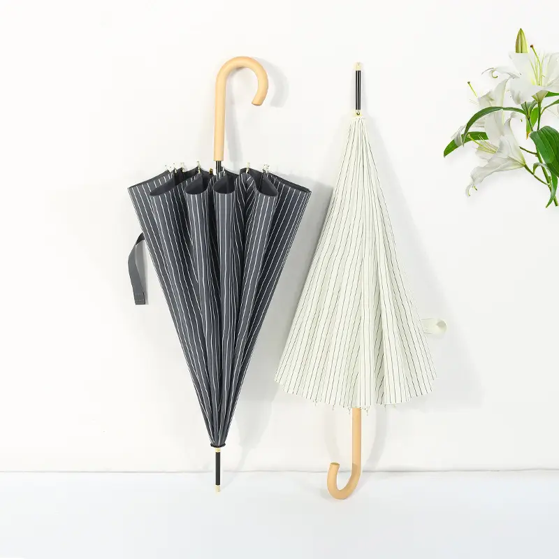 Japanese and Korean style Striped cloth wooden hook handle umbrella women gift straight umbrella