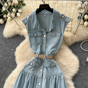 Abbigliamento Vintage LW1414 abito di fascia alta senza maniche da donna Maxi abito in Denim con colletto risvolto a bottoni in metallo abiti eleganti - Product Image 4