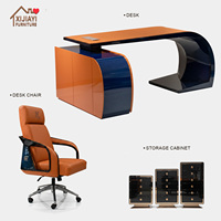 Meja Kerja High Gloss Oranye & Biru dengan Desain Melengkung |   Meja Kantor Eksekutif Mewah