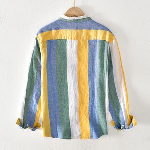 Camicie da <span class=keywords><strong>uomo</strong></span> in popeline <span class=keywords><strong>100</strong></span>% <span class=keywords><strong>lino</strong></span>, a maniche lunghe, estive, multicolori, leggere, traspiranti, a righe verticali, con bottoni, casual. - Product Image 3