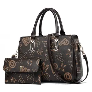 new design vintage letter printing and custom printed logo large capacity leather women's tote bag with zipper