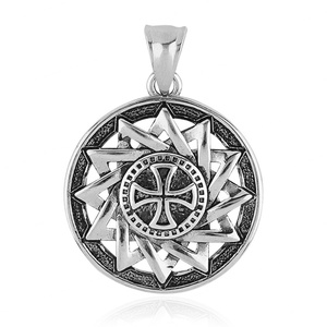 Collier pendentif personnalisé en acier inoxydable de forme ronde avec gravure vintage, talisman amulette de Salomon pour hommes, pendentif croix - Product Image 5