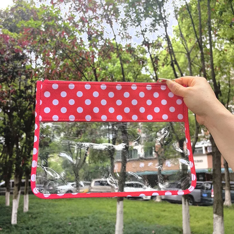 red clear cosmetic bag with dot printing waterproof transparent makeup bag PVC pouch in stock wholesale for women